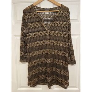 Jordan Taylor Flared Sleeve Sheer Cover Up Gold Brown Open Knit Tunic Top M